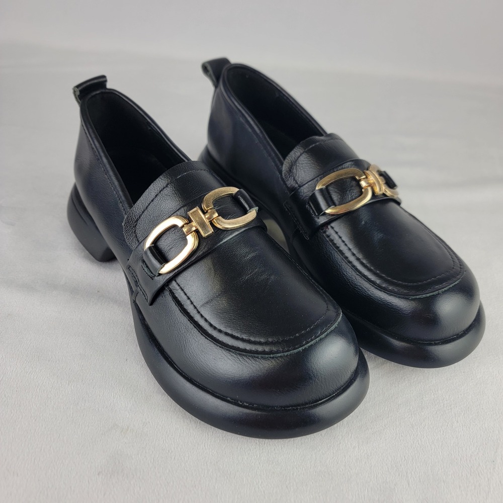 Naniya Black Leather Chunky Horsebit Loafers Gold Buckle Slip On Shoes Size 39